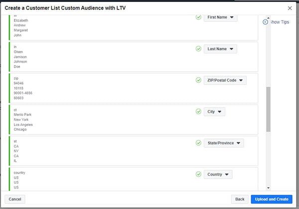 map data fields Facebook ads